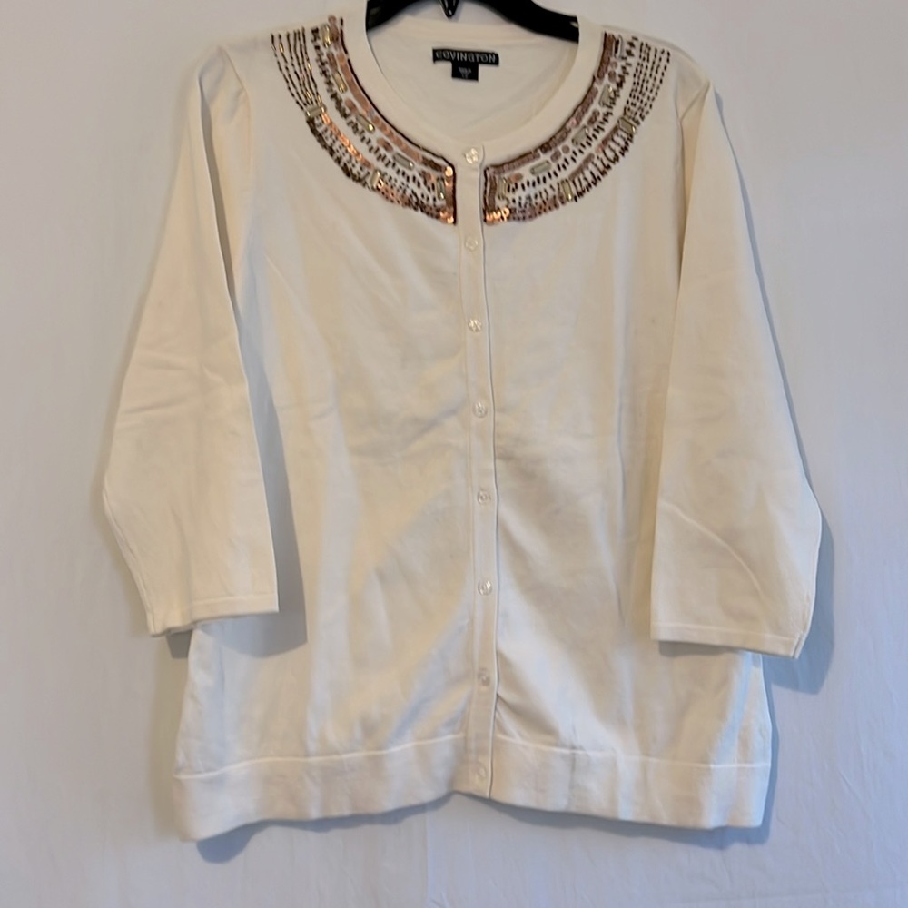 Covington Ladies Cardigan L Ivory with Copper Colored Beading at Neckline NWT